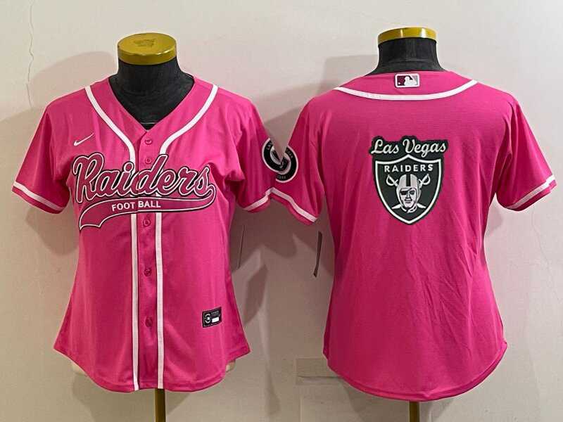 Women%27s Las Vegas Raiders Pink Team Big Logo With Patch Cool Base Stitched Baseball Jersey